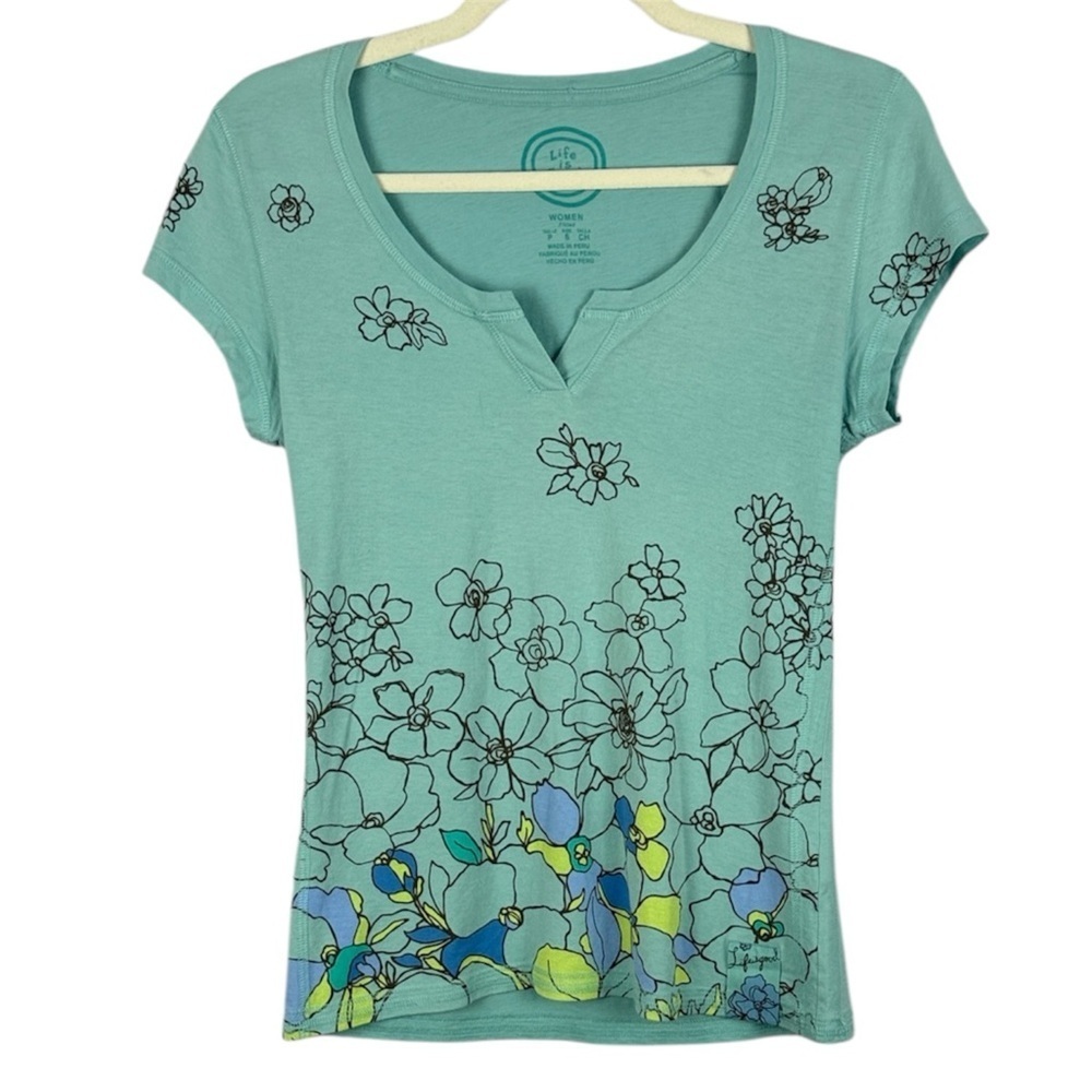 Life Is Good Cotton Teal Botanical Graphic Short Sleeve Small Fitted Crusher Tee